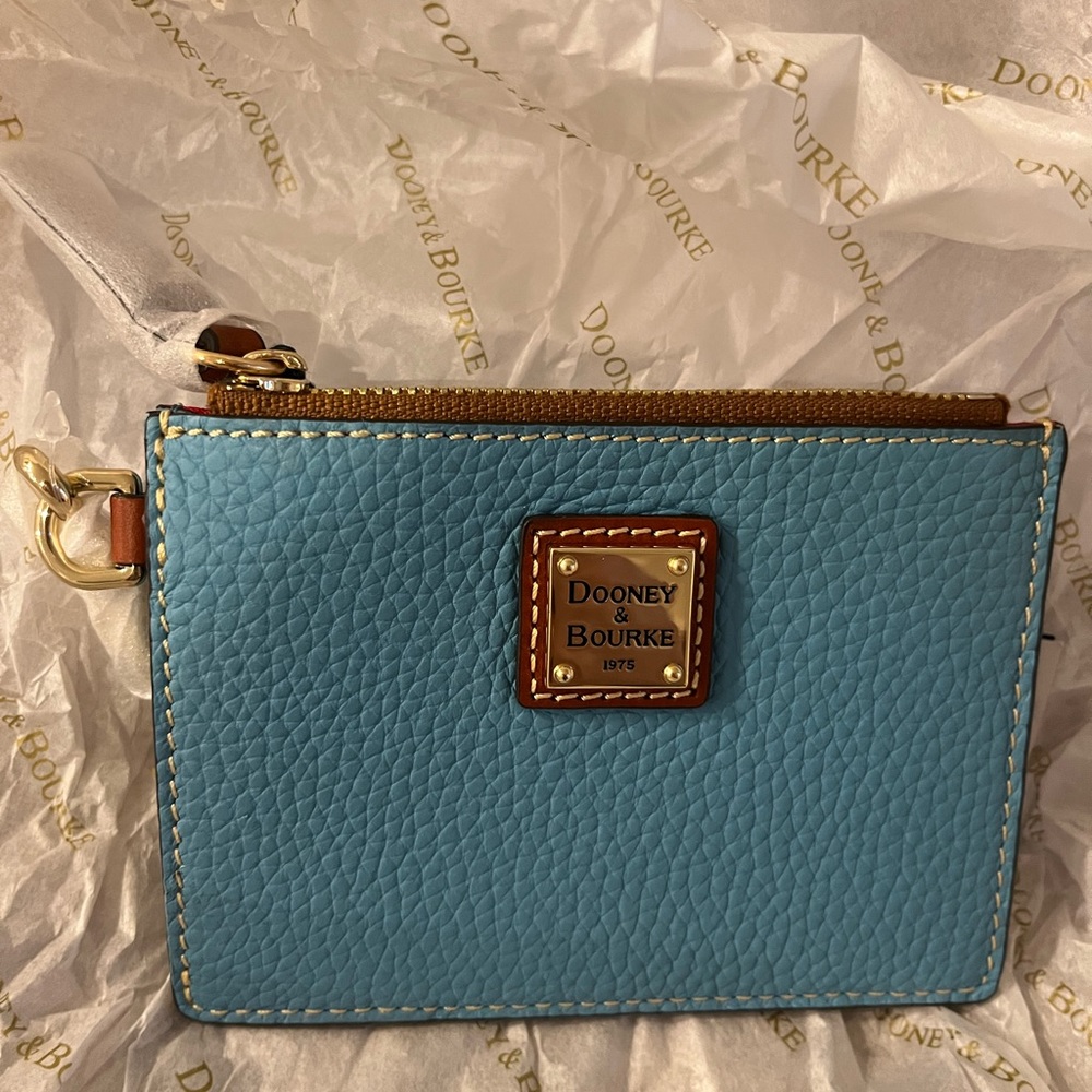 NWT womens blue pebble grain card holder wristlet Dooney & Bourke sold out